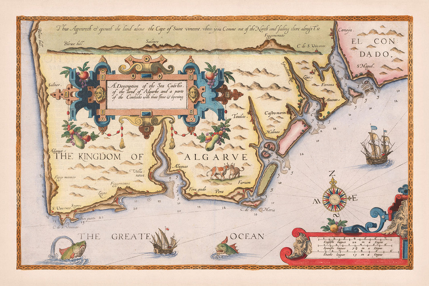 Ancienne carte de l'Algarve par Waghenaer, 1588 : Faro, Lagos, Portimão, Cap de Saint-Vincent, cartouche décoratif