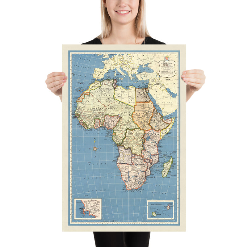Antiguo mapa de África, 1957: fronteras coloniales, proyección de Mercator, geografía detallada