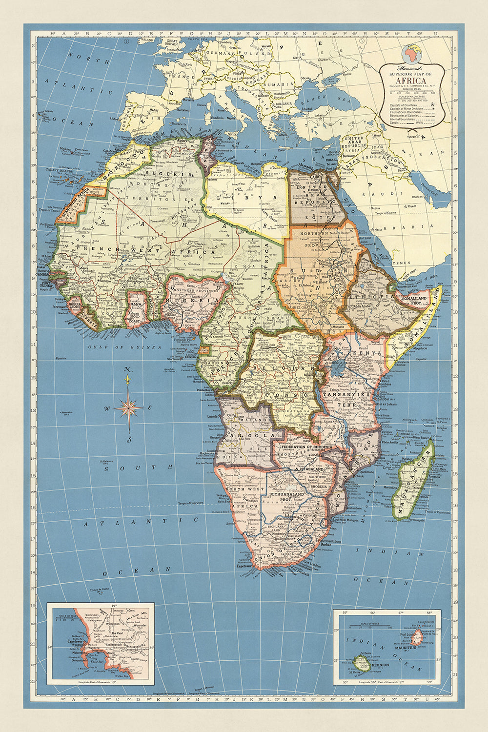 African Colon Large Old Map of Africa, 1957: Colonial Borders, Mercator Projection ...