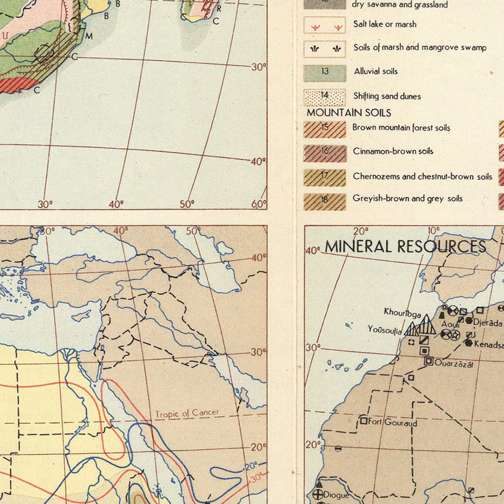 Infografik-Karte von Afrika vom Topografischen Dienst der polnischen Armee, 1967: Geografische Vielfalt, Mineralreichtum, Kartografie des Kalten Krieges