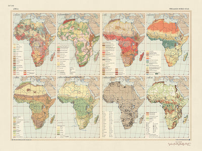 Infografik-Karte von Afrika vom Topografischen Dienst der polnischen Armee, 1967: Geografische Vielfalt, Mineralreichtum, Kartografie des Kalten Krieges