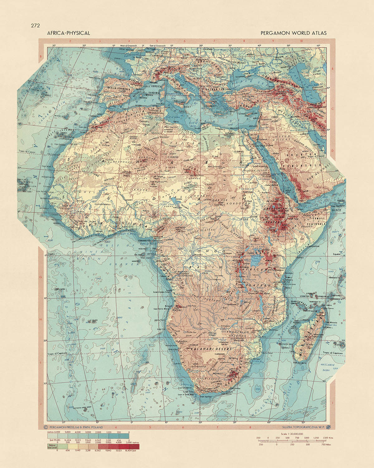 Carte du vieux monde – Afrique physique par le service topographique de l'armée polonaise, 1967 : style physique détaillé, instantané de l'Afrique pendant l'ère de l'indépendance, projection cartographique précise