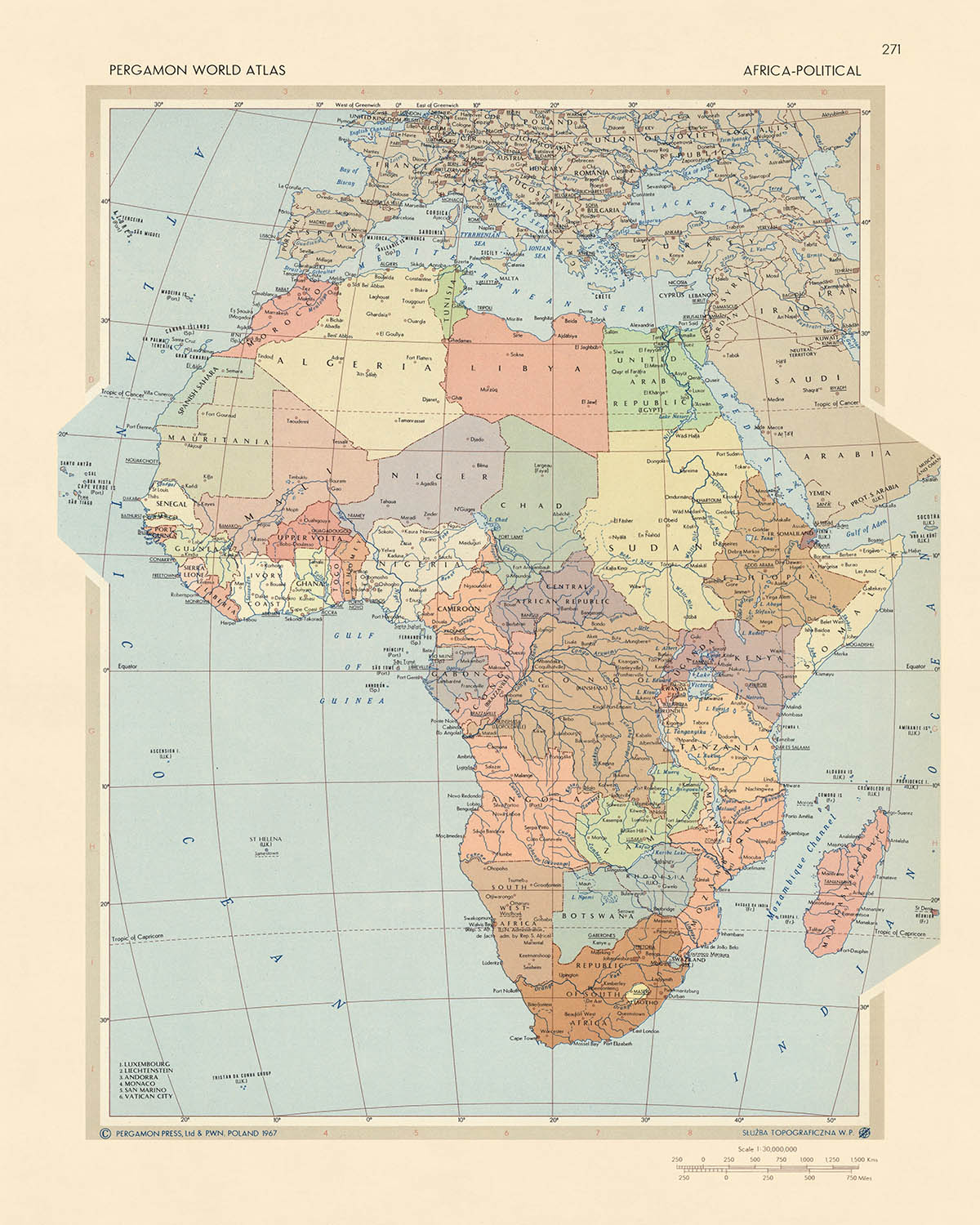 Old Political Map of Africa, 1967: Continental Geopolitical Climate Atlas Chart