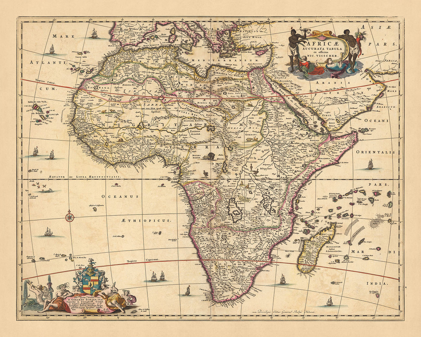Ancienne carte de l'Afrique : 'Africae Accurata Tabula' par Visscher, 1690 : Le Caire, Tombouctou, Mombasa, Luanda, Le Cap