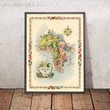 Ancienne carte picturale de l'Afrique par Liozu, 1951 : bordures décoratives, grandes villes et faune 