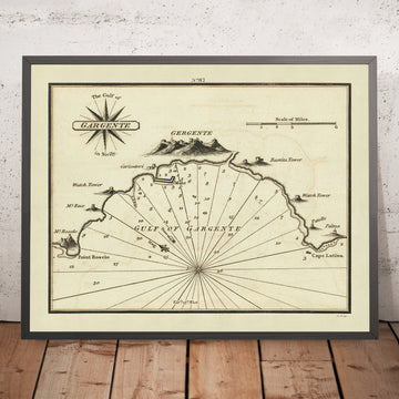 Ancien Golfe de Gargente, Carte Nautique de Sicile par Heather, 1802 : Agrigento, Monte Rux, Rose des Vents 