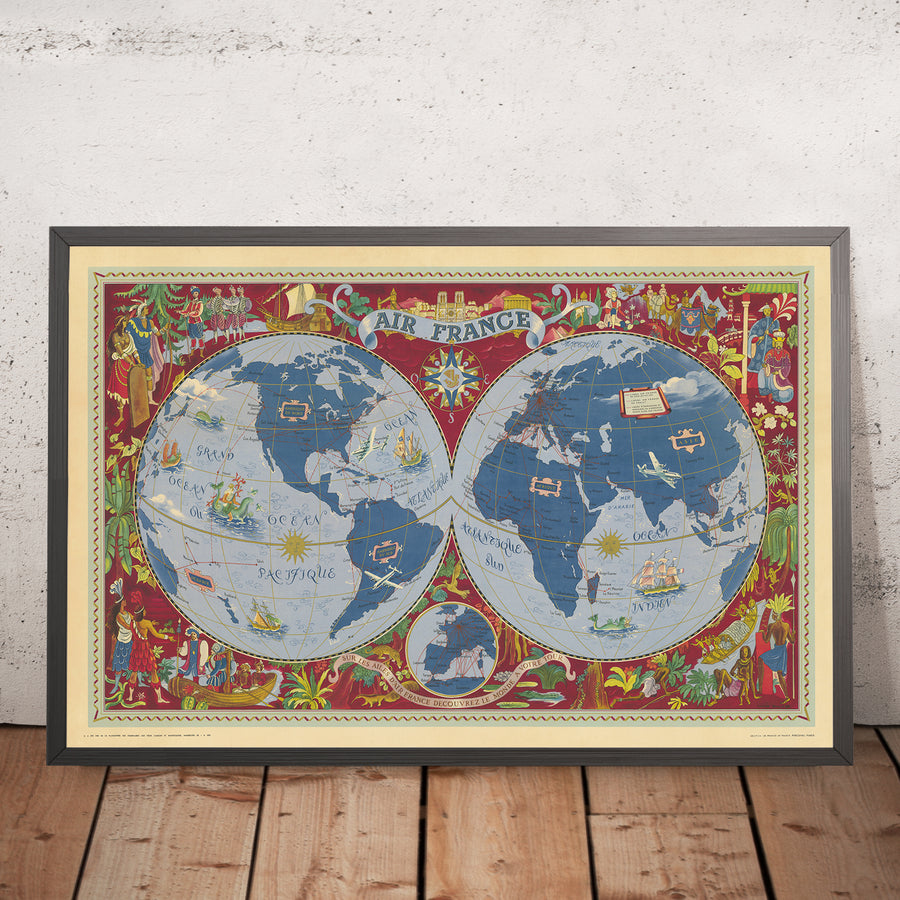 Mappa del mondo surrealista di Boucher, 1950: Rotte aeree di Air France, scene culturali, creature marine 