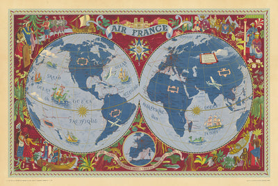 Carte du monde de l'Ancienne Carte du monde d'Air France par Boucher, 1950 : décorative, routes aériennes, style surréaliste