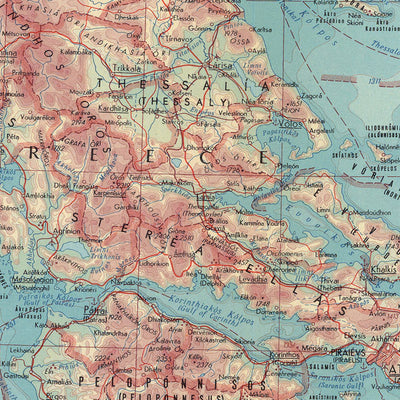 Ancienne carte de l'Albanie et de la Grèce réalisée par le service topographique de l'armée polonaise, 1967 : Athènes, Istanbul, golfe de Kotor, divisions politiques détaillées, terrains physiques variés