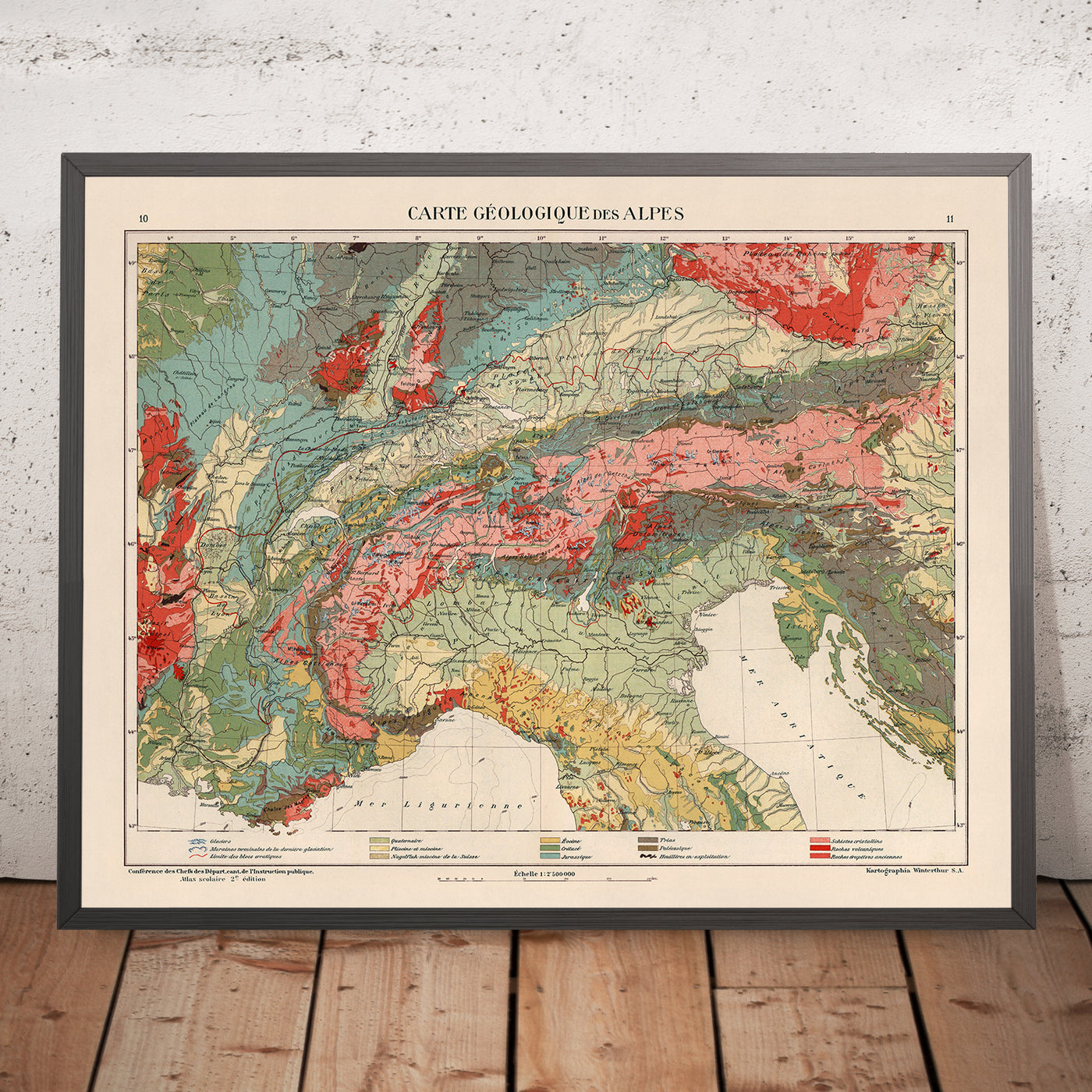 Alte Karte der Alpenregion von Kartographia Winterthur, 1921: Schweiz, Österreich, Regionen Frankreichs, Italiens und Deutschlands, Slowenien, detaillierte geologische Merkmale
