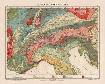 Ancienne carte de la région alpine par Kartographia Winterthur, 1921 : Suisse, Autriche, régions de France, d'Italie et d'Allemagne, Slovénie, caractéristiques géologiques détaillées