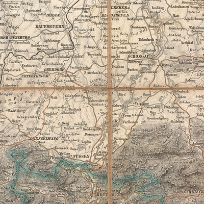 Mapa antiguo de los Alpes de Mayr, 1874: Zúrich, Múnich, Innsbruck, lago de Constanza, Alpes