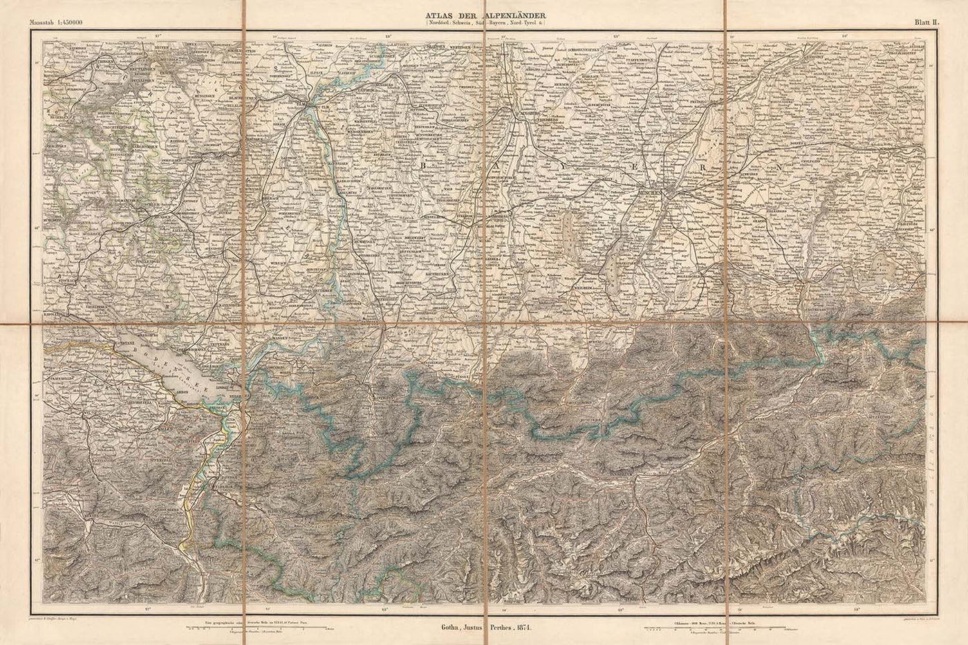 Old Map of Northeast Alps by Mayr, 1874: Zurich, Munich, Innsbruck, Lake Constance