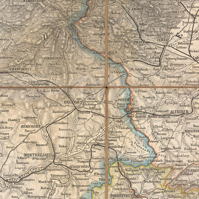 Mapa antiguo de la región alpina de Mayr, 1874: río Rin, Berna, Basilea, Selva Negra, ferrocarriles