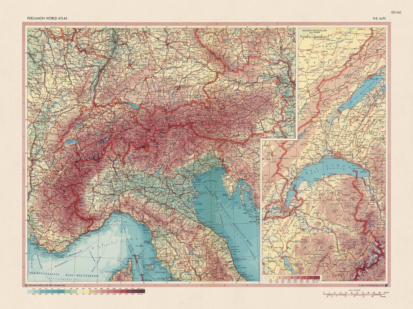 Mapa antiguo de los Alpes del Servicio de Topografía del Ejército Polaco, 1967: Suiza occidental, límites políticos detallados, características físicas, picos alpinos, valles.