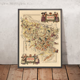 Alter bildlicher Stadtplan von Elsass-Lothringen von Liozu, 1951: Straßburg, Metz, Vogesen, Verdun, Maginot-Linie 