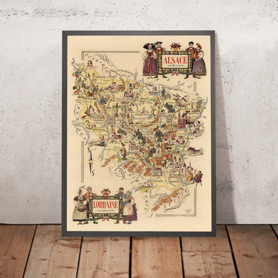 Old Pictorial Map of Alsace–Lorraine by Liozu, 1951: Strasbourg, Metz, Vosges, Verdun, Maginot Line