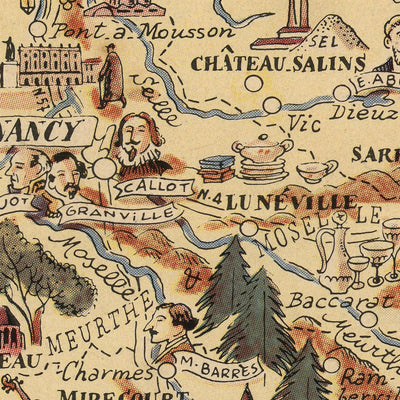 Old Pictorial Map of Alsace–Lorraine by Liozu, 1951: Strasbourg, Metz, Vosges, Verdun, Maginot Line