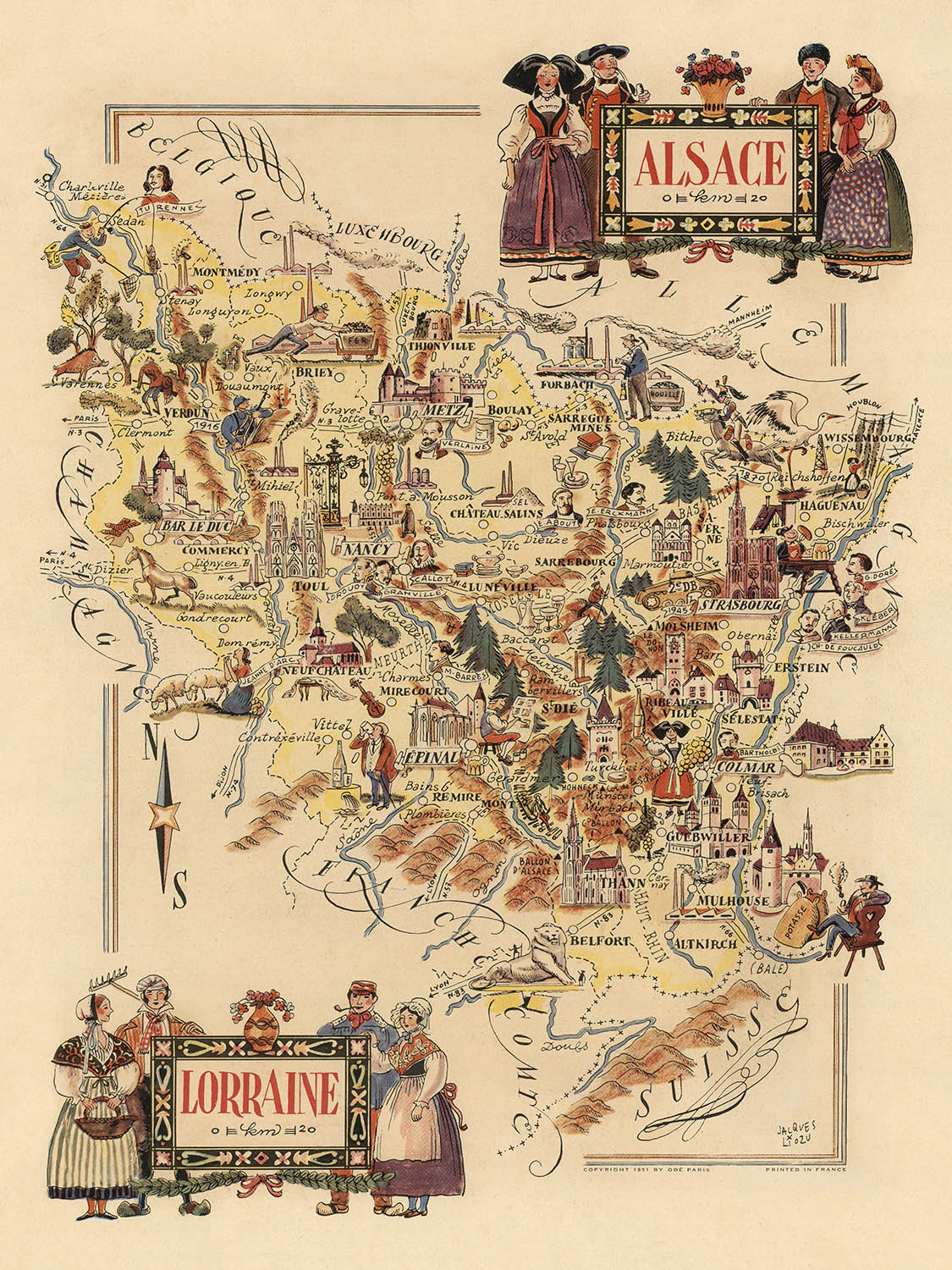 Old Pictorial Map of Alsace–Lorraine by Liozu, 1951: Strasbourg, Metz, Vosges, Verdun, Maginot Line