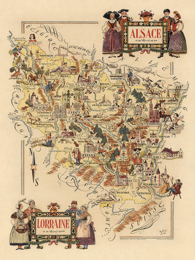 Antiguo mapa pictórico de Alsacia-Lorena por Liozu, 1951: Estrasburgo, Metz, Vosgos, Verdún, Línea Maginot