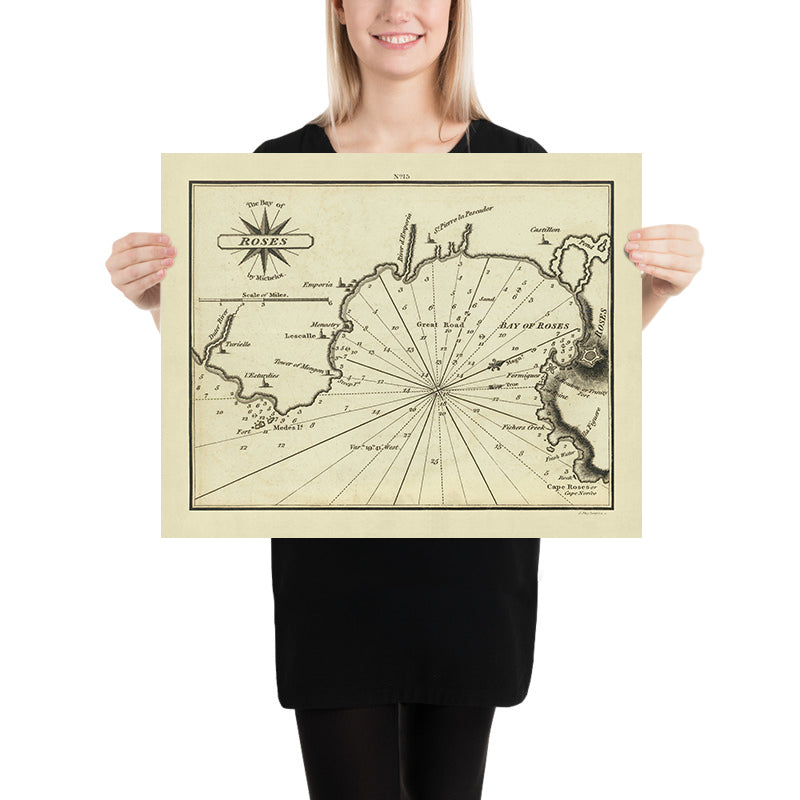 Alter Golf von Rosen, Spanien Nautische Karte von Heather, 1802: Costa Brava, Katalanische Küste, Tiefenmessungen 