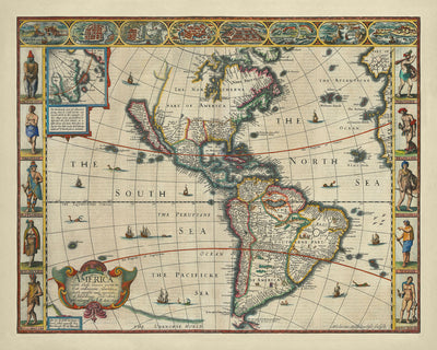 Mapa antiguo de América de Speed, 1626: California como isla, colonias tempranas, elementos decorativos