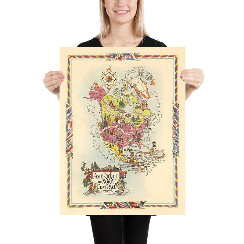 Mappa Pittorica Antica del Nord e Centro America di Liozu, 1951: Città Principali, Fauna, USA, Caraibi 