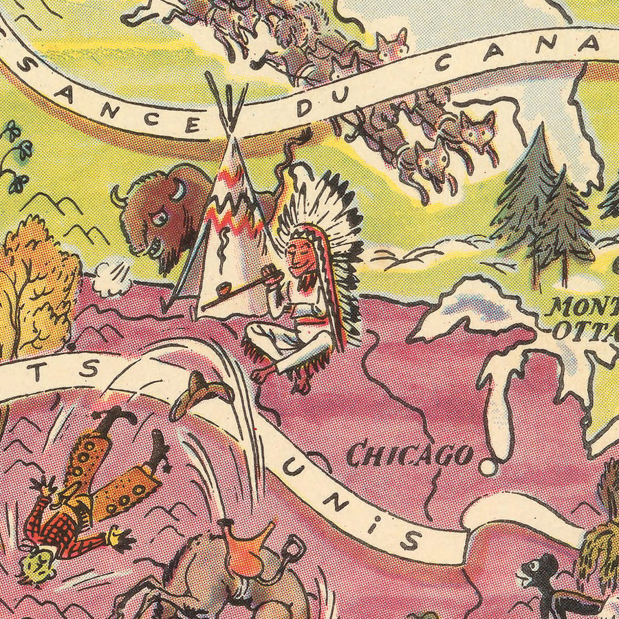 Mappa Pittorica Antica del Nord e Centro America di Liozu, 1951: Città Principali, Fauna, USA, Caraibi 