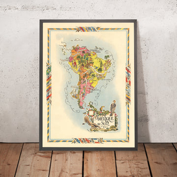 Mappa Pittorica Antica del Sud America di Liozu, 1951: Industrie & Fauna Selvatica, Brasile, Argentina, Cile 