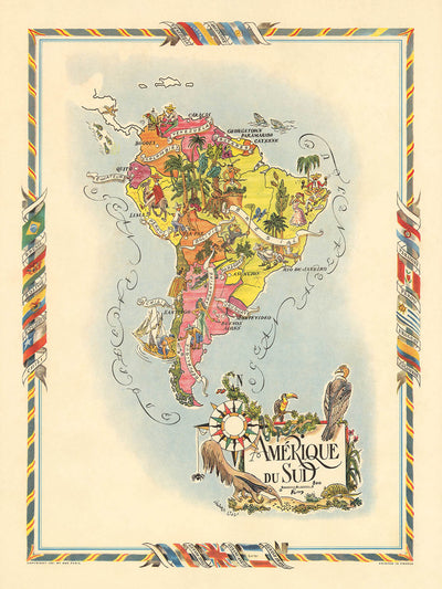 Old Pictorial Map of South America by Liozu, 1951: Industries & Wildlife, Brazil, Argentina, Chile