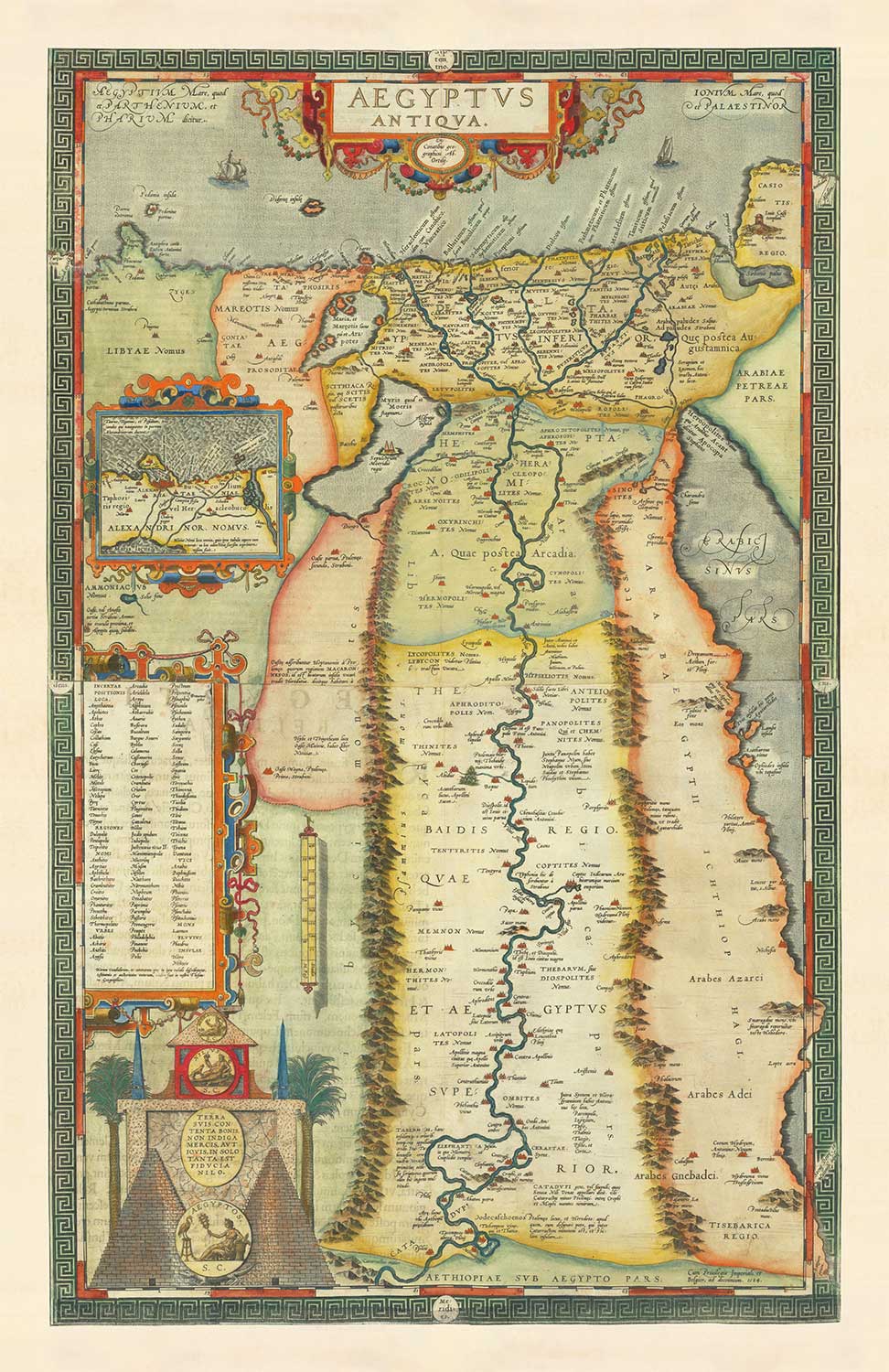 Ancienne carte de l'Égypte ancienne par Abraham Ortelius en 1584 - Nil, Alexandrie, Memphis, Babylone, les pyramides