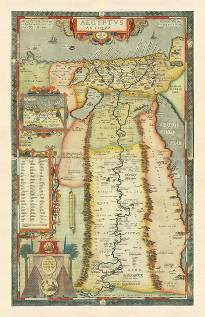 Antiguo mapa del antiguo Egipto por Abraham Ortelius en 1584: río Nilo, Alejandría, Menfis, Babilonia, las pirámides