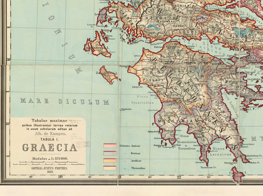 Mappa antica della Grecia di Van Kampen nel 1889 - Atene, Corfù, Zante, Megara, Sparti 