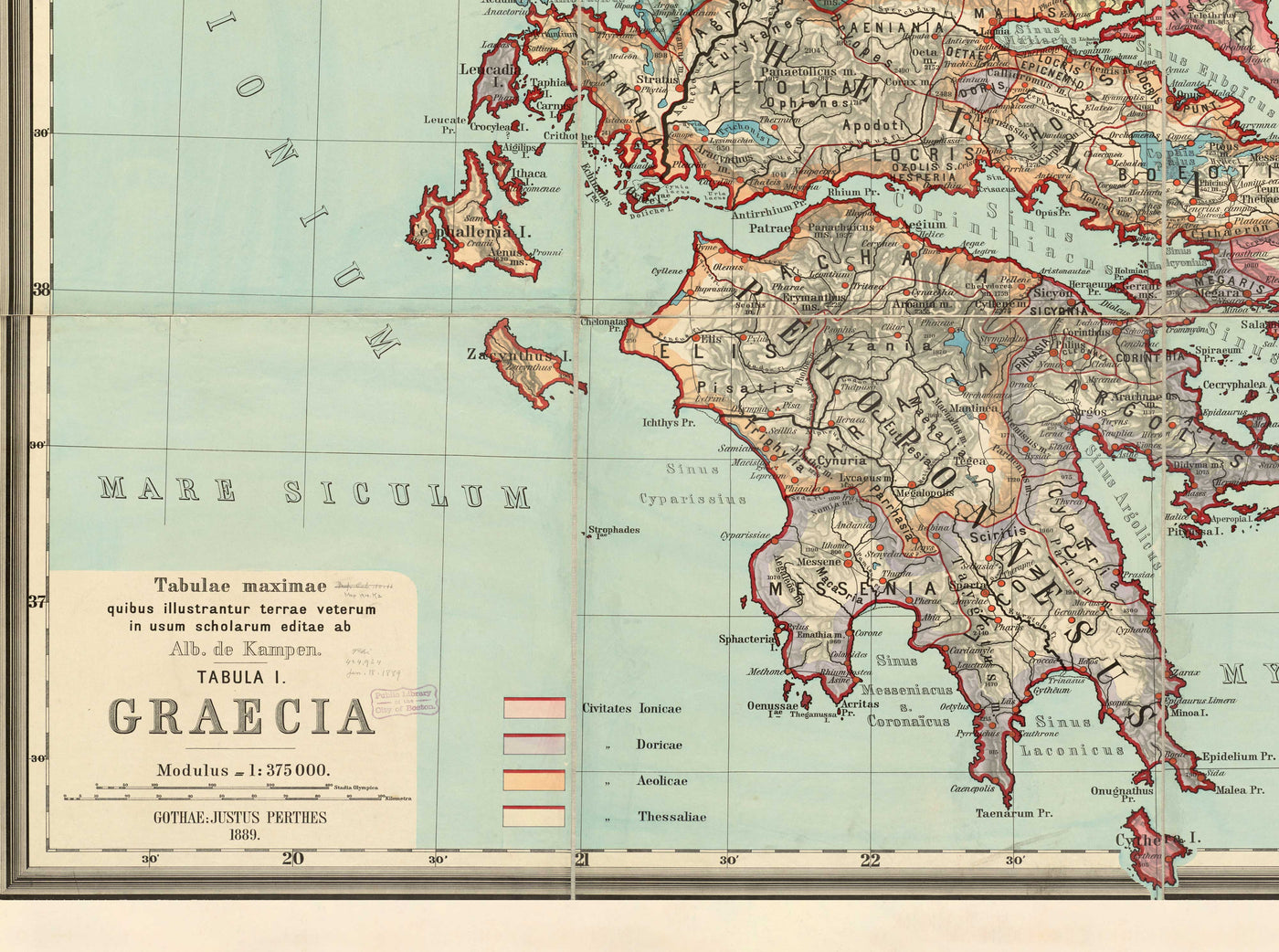 Old Map of Ancient Greece by Van Kampen in 1889 - Athens, Corfu, Zakynthos, Megara, Sparti