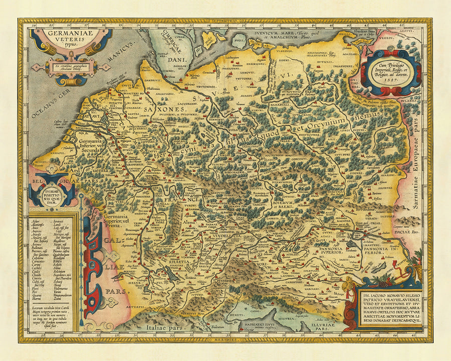 Antica mappa della Germania e del Nord Europa di Abraham Ortelius, 1624: Germania, Scandinavia, tribù germaniche 