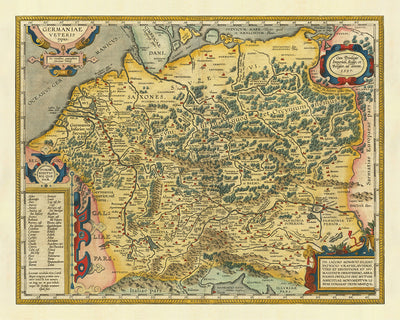 Old Map of Ancient Germany and North Europe by Abraham Ortelius, 1624: Germania, Scandinavia, Germanic Tribes