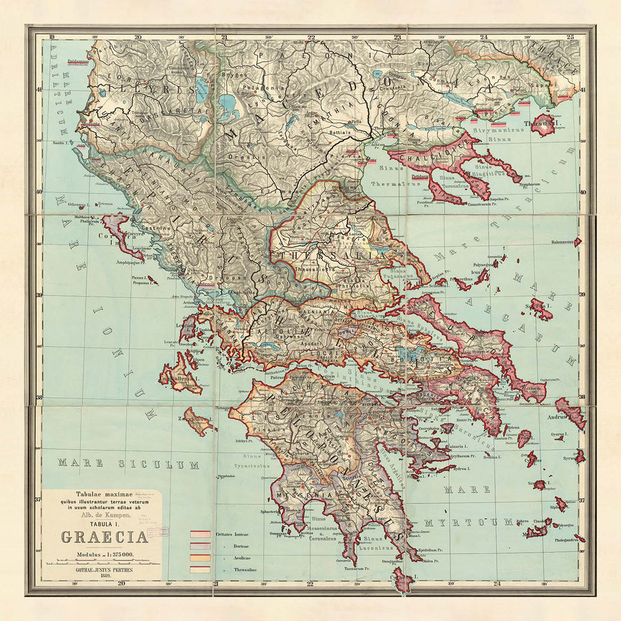 Mappa antica della Grecia di Van Kampen nel 1889 - Atene, Corfù, Zante, Megara, Sparti 