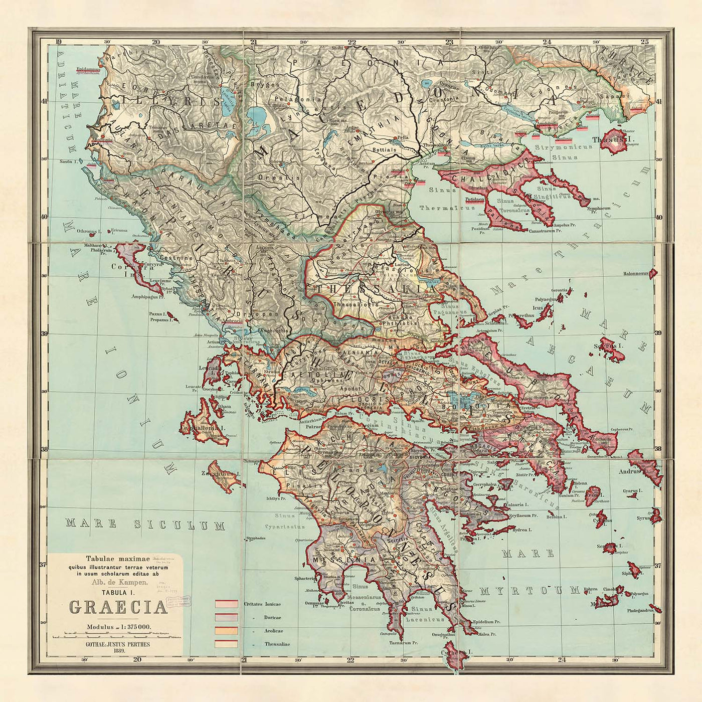 Mapa antiguo de la antigua Grecia de Van Kampen en 1889: Atenas, Corfú, Zakynthos, Megara, Esparta