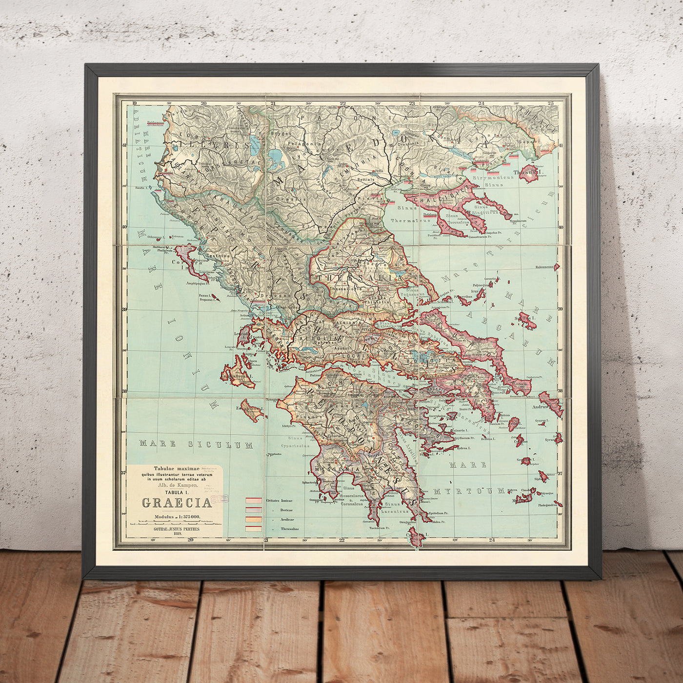 Old Map of Ancient Greece by Van Kampen in 1889 - Athens, Corfu, Zakynthos, Megara, Sparti