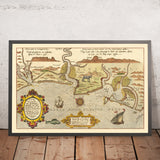 Antiguo mapa naval de Cádiz de Waghenaer, 1583: Estrecho de Gibraltar, Cádiz, Lisboa, monstruos marinos, veleros