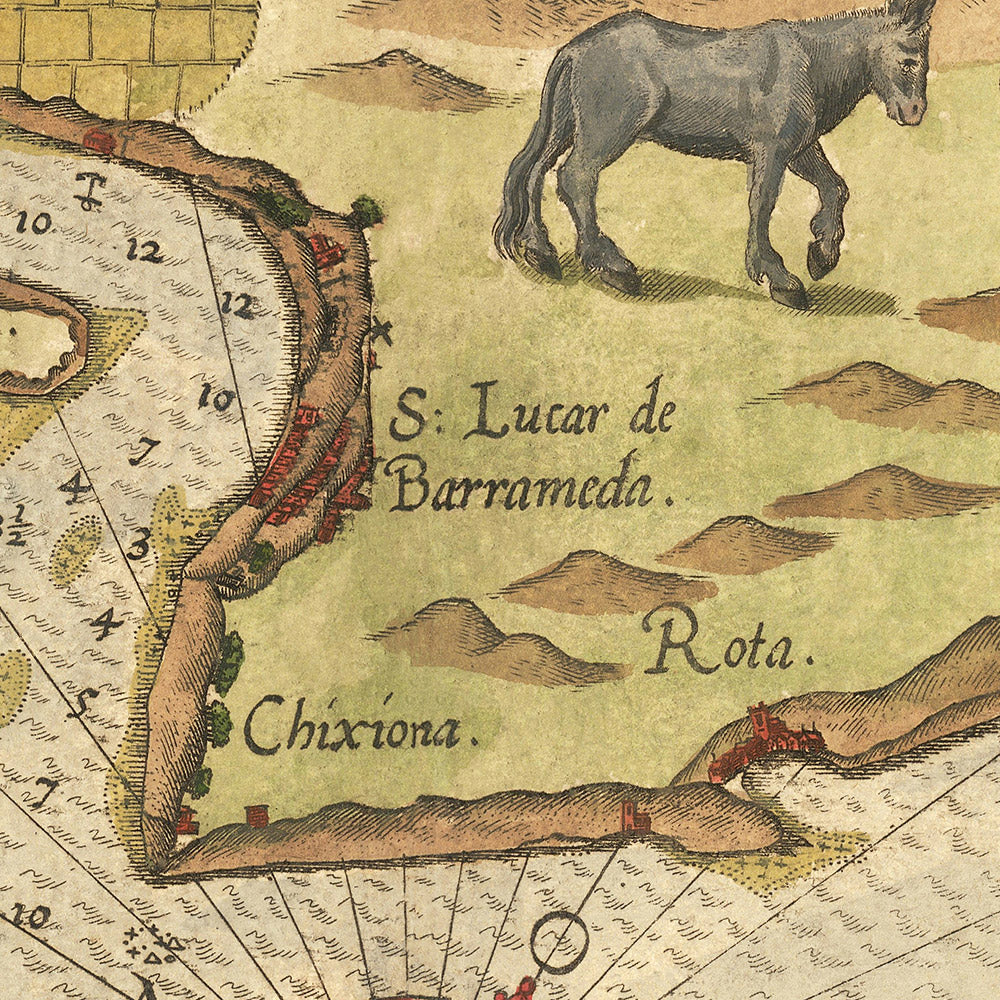 Ancienne carte navale de Cadix par Waghenaer, 1583 : détroit de Gibraltar, Cadix, Lisbonne, monstres marins, voiliers