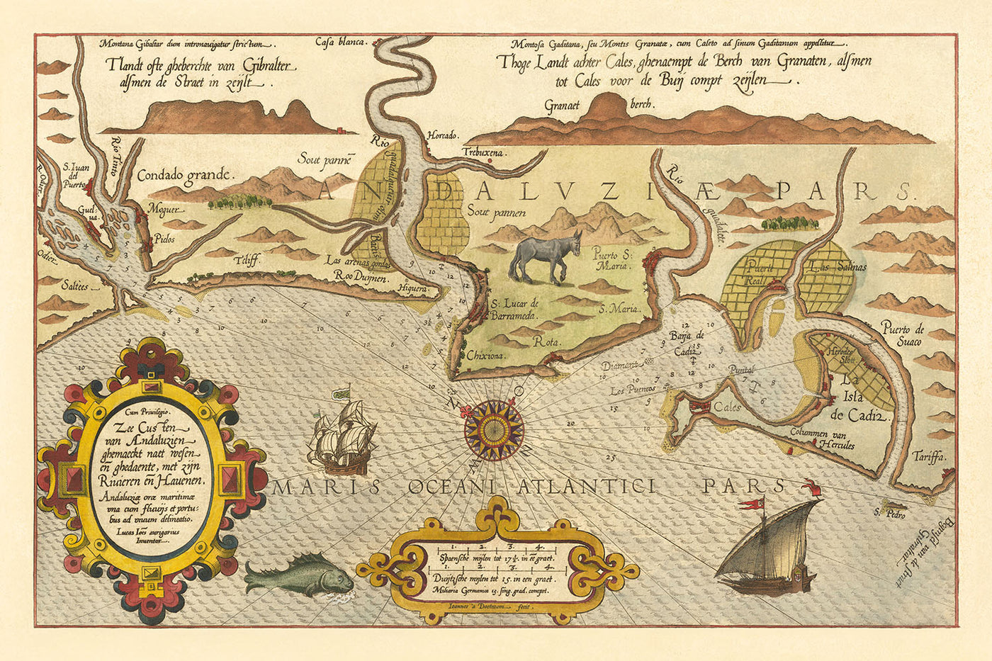 Alte Marinekarte von Cadiz von Waghenaer, 1583: Straße von Gibraltar, Cadiz, Lissabon, Seeungeheuer, Segelschiffe