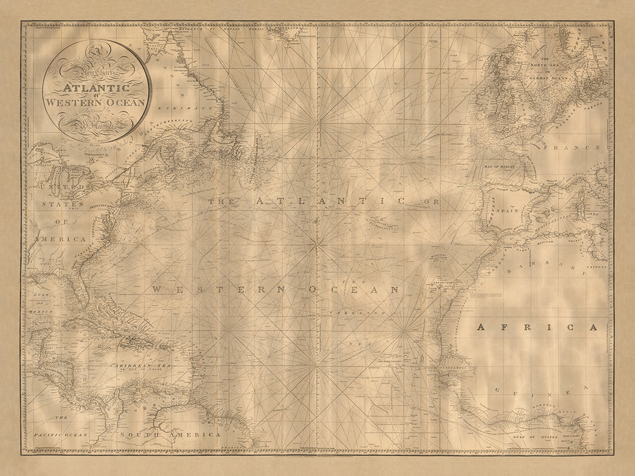 Alter Atlantischer Ozean Nautische Karte von Heather, 1828: Golfstrom, Reisewege, Küstendetails 