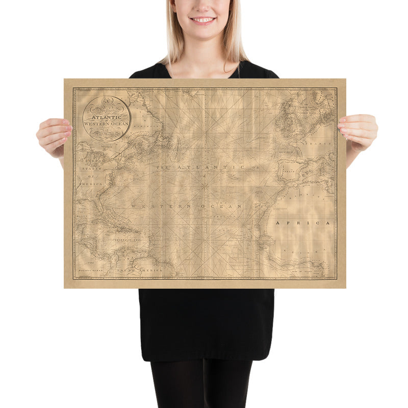 Alter Atlantischer Ozean Nautische Karte von Heather, 1828: Golfstrom, Reisewege, Küstendetails 