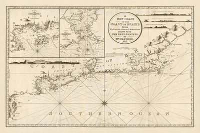 Antigua carta náutica de la costa brasileña de Heather, 1808: Río de Janeiro, Cabo Frío, Salvador