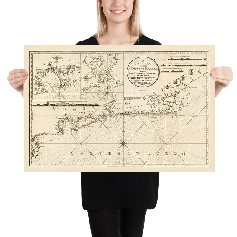Ancienne carte marine de la côte brésilienne par Heather, 1808 : Rio de Janeiro, Cap Frio, Salvador