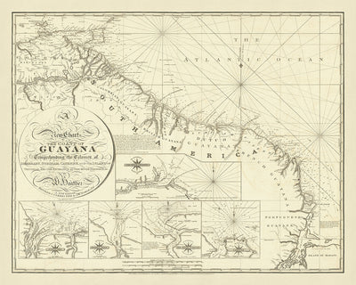 Ancienne carte nautique de la côte de la Guyane par Heather, 1828 : Demerary, Surinam, Cayenne