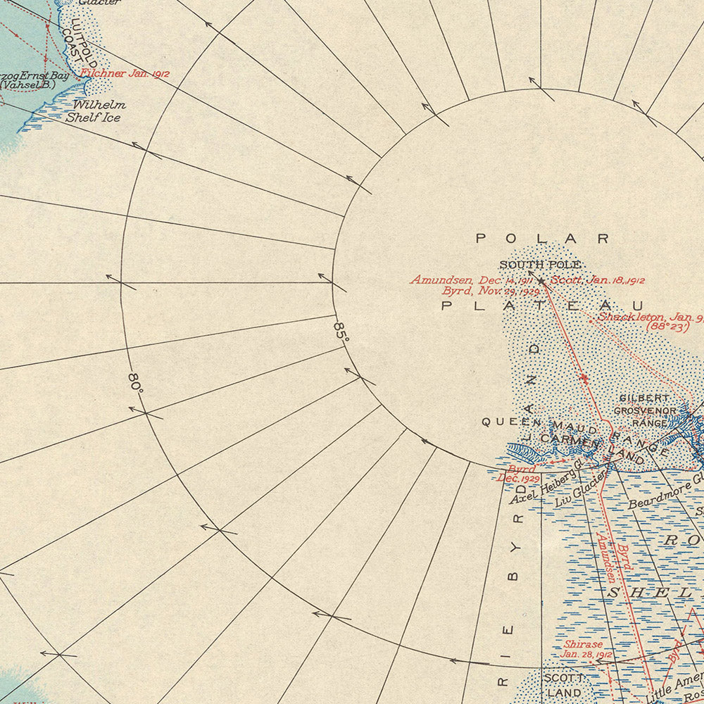 Alte Karte der Antarktis: Bemerkenswerte Antarktis-Forscherrouten, 1932