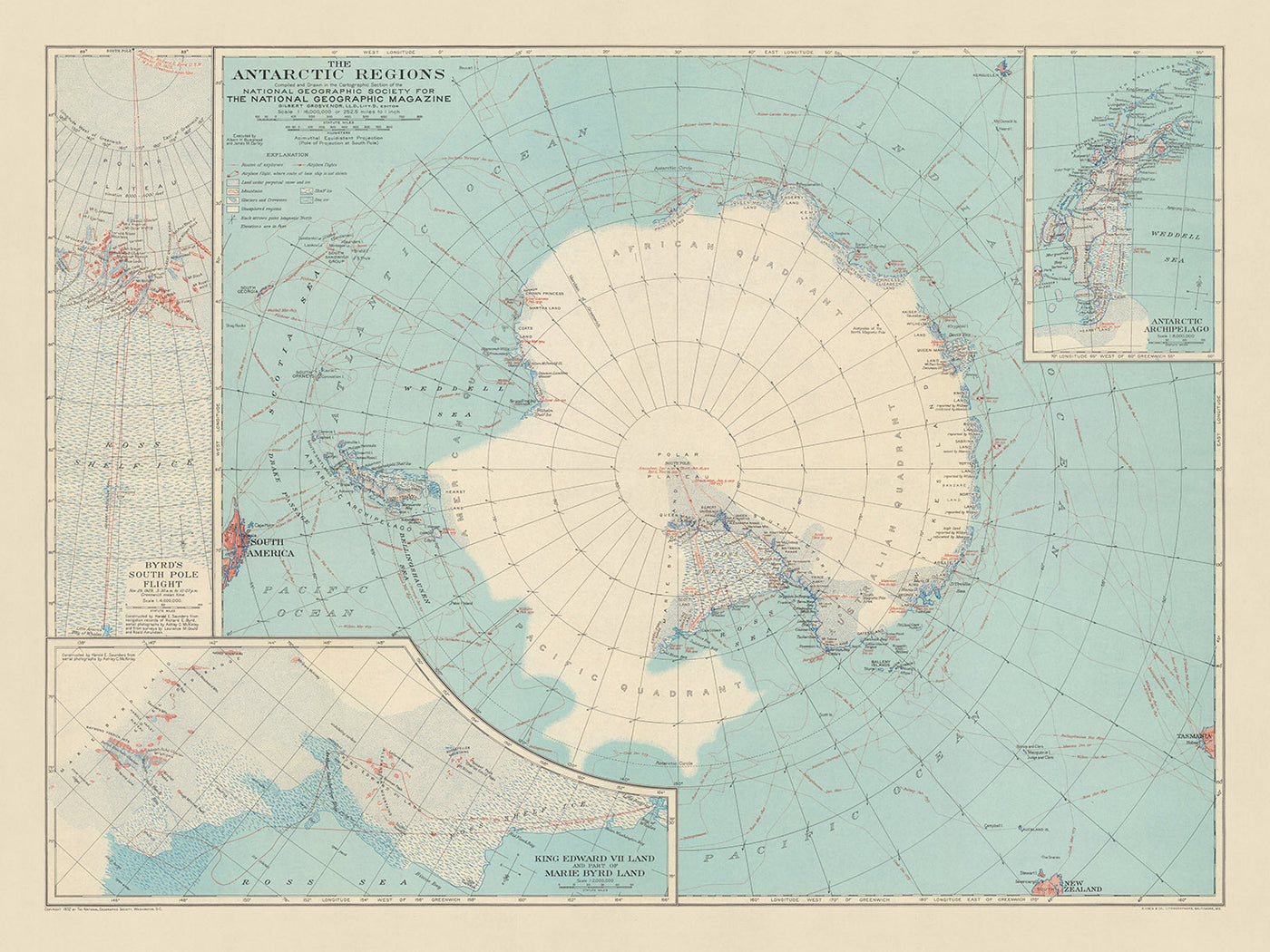 Ancienne carte de l'Antarctique : routes remarquables des explorateurs de l'Antarctique, 1932