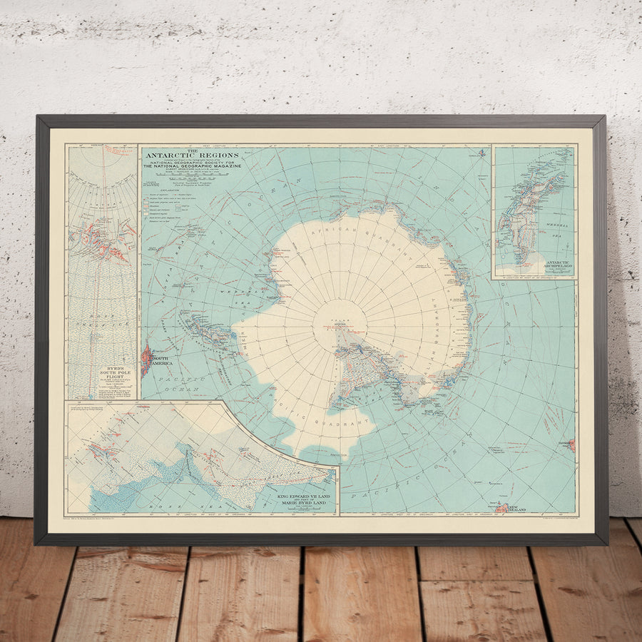 Alte Karte der Antarktis-Exploration, 1932 von der National Geographic Society: Shackleton, Amundsen, Byrd, Scott & Mawson 